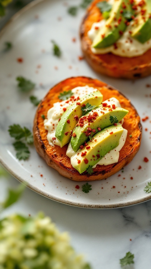 A plate of sweet potato rounds topped with avocado and sour cream