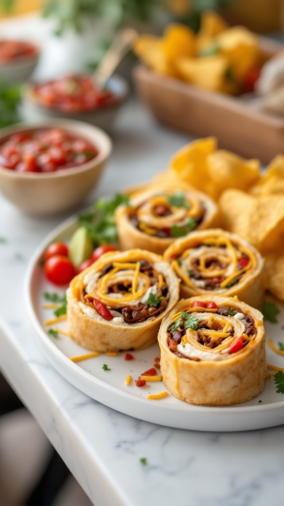 Delicious taco pinwheels arranged on a plate with salsa and chips