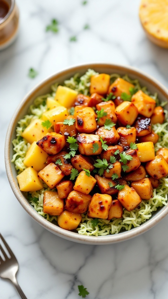 A colorful bowl of teriyaki chicken and pineapple served over rice.