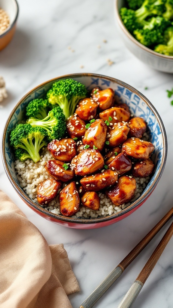 A delicious teriyaki chicken bowl with steamed broccoli and rice