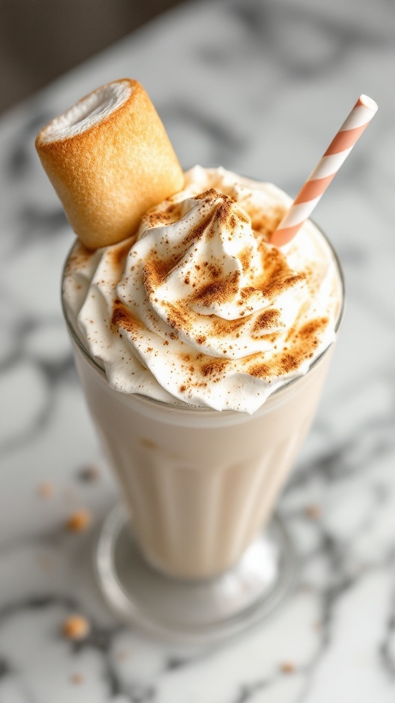 A delicious toasted marshmallow milkshake topped with whipped cream and a toasted marshmallow, served with a straw.