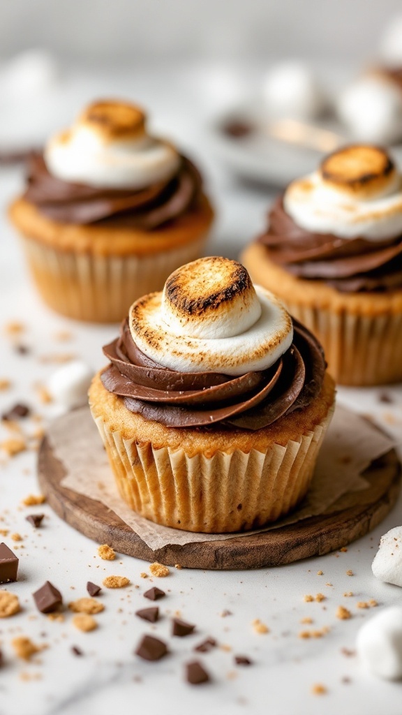 Delicious toasted marshmallow s'mores cupcakes with chocolate frosting