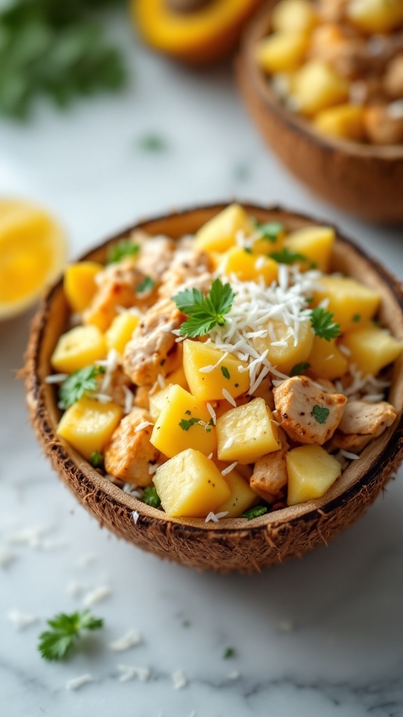 A colorful bowl of Tropical Chicken Salad with pineapple and coconut, garnished with fresh herbs.