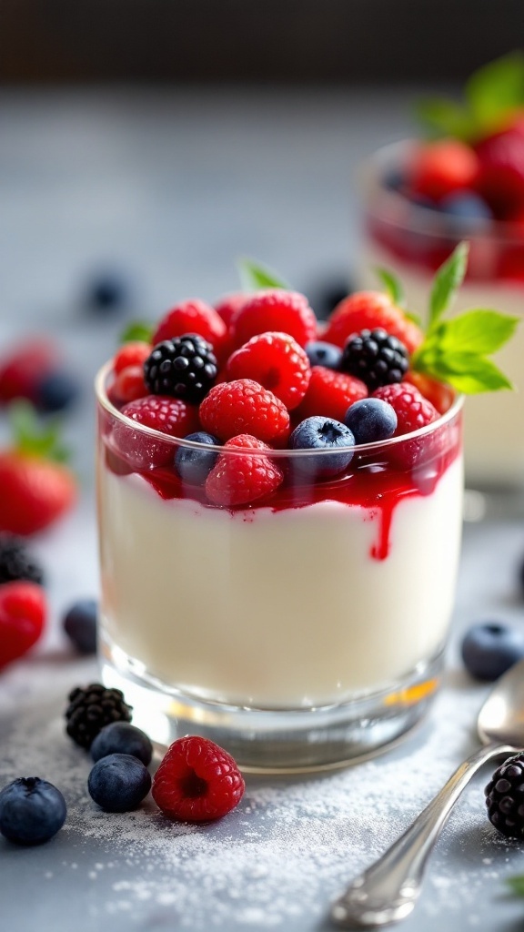 A beautifully presented vanilla bean panna cotta topped with fresh berries.