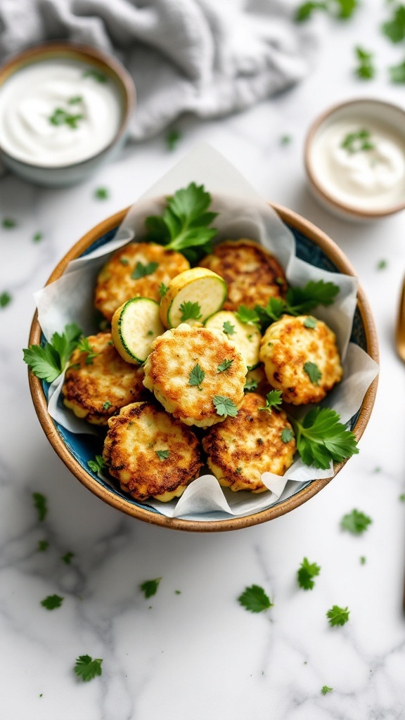 Zucchini fritters served with a yogurt dip and garnished with fresh herbs.