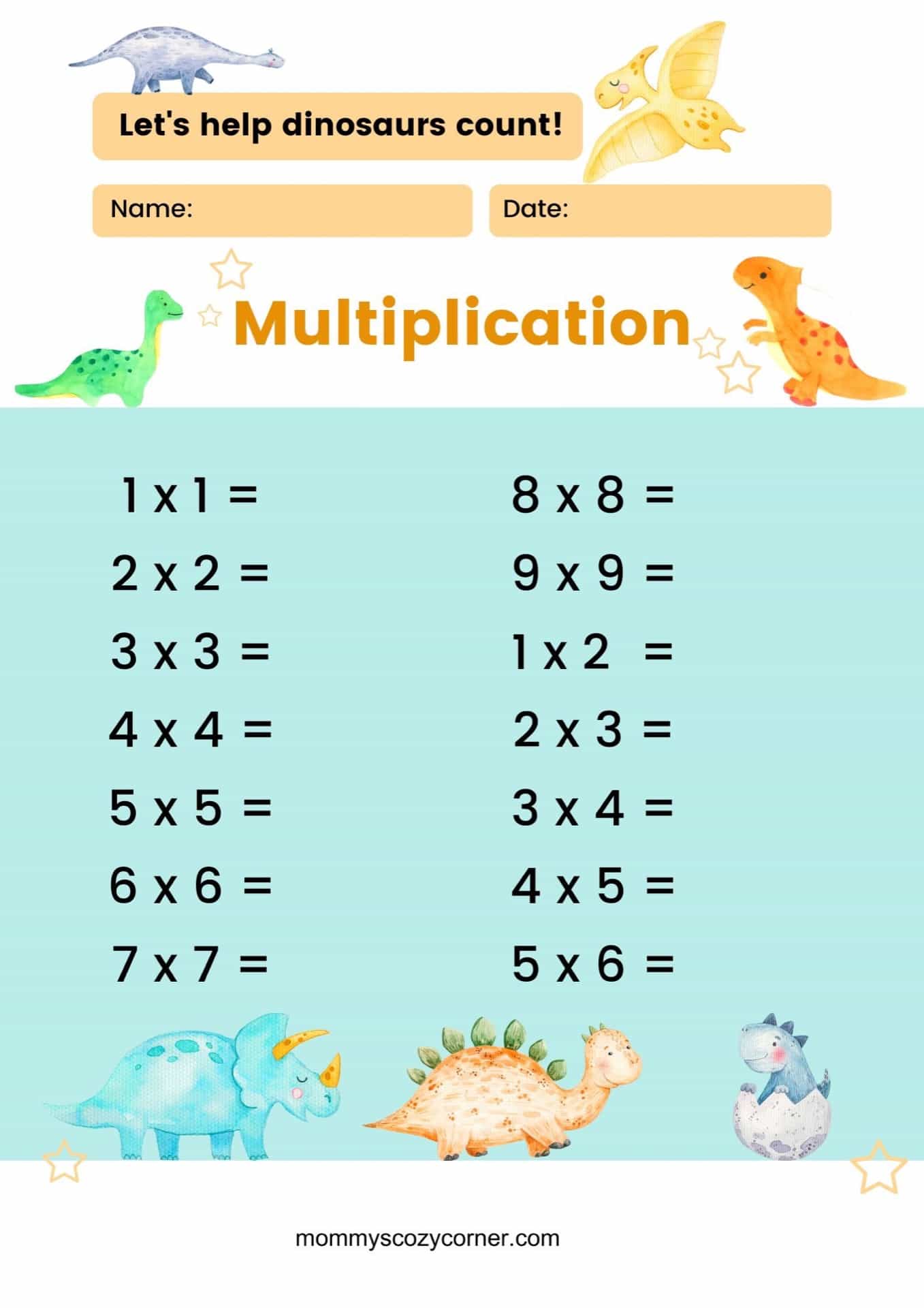 Free Dino Multiplication Worksheet