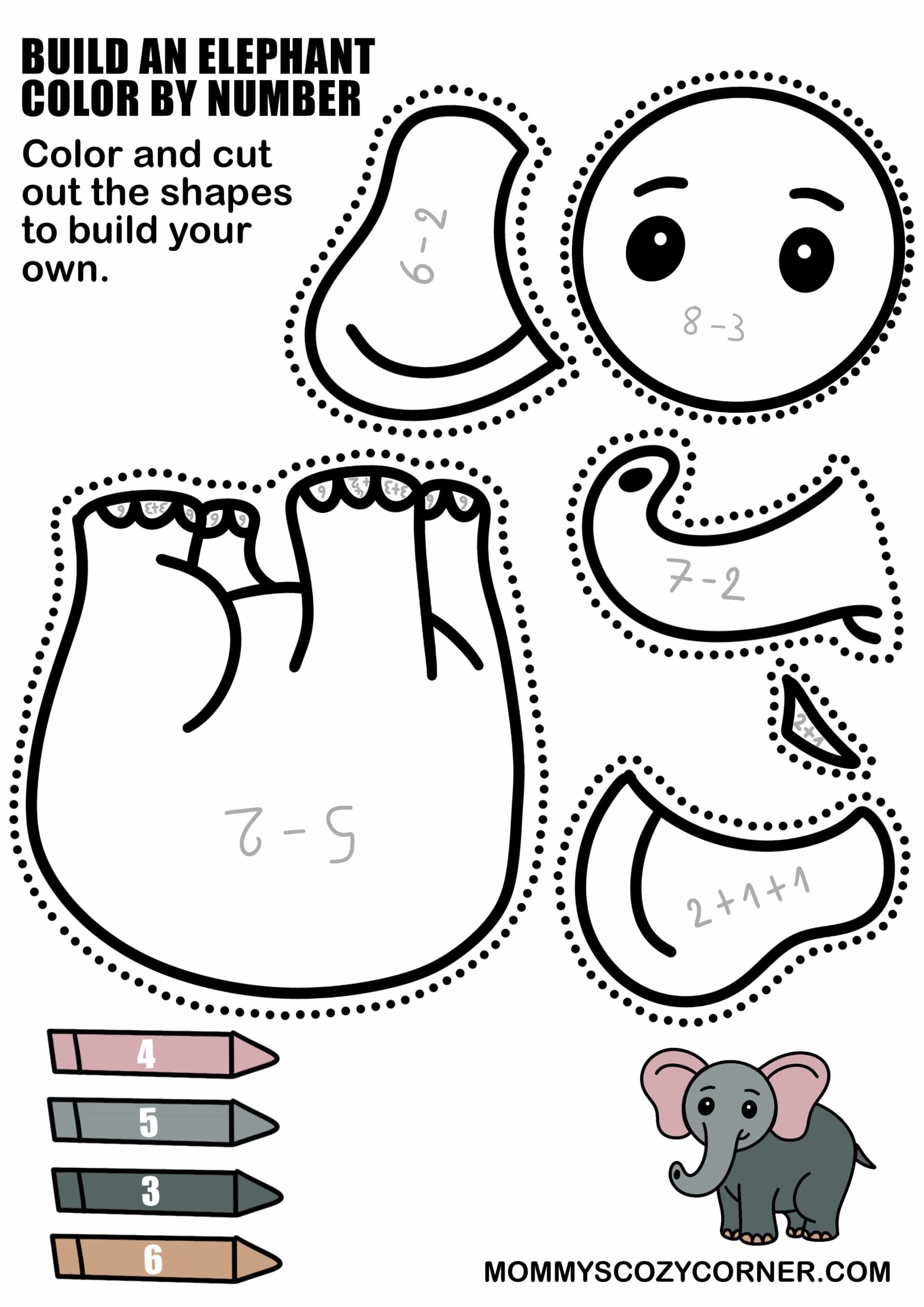 Color The Elephant Using Code Examples Free 2 In 1 Elephant Cut And Paste Activity With Color By Number