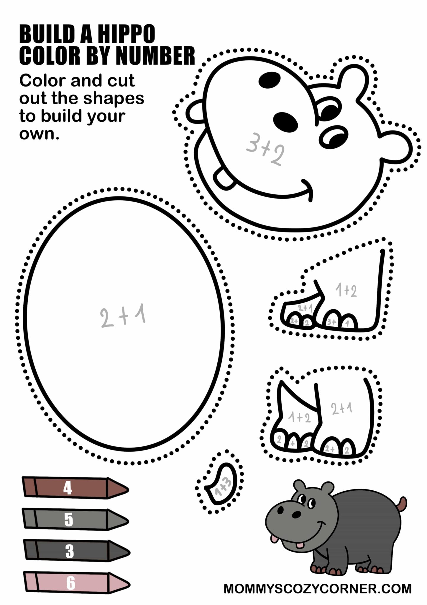 Free 2 In 1 Hippo Cut And Paste Activity With Color By Number