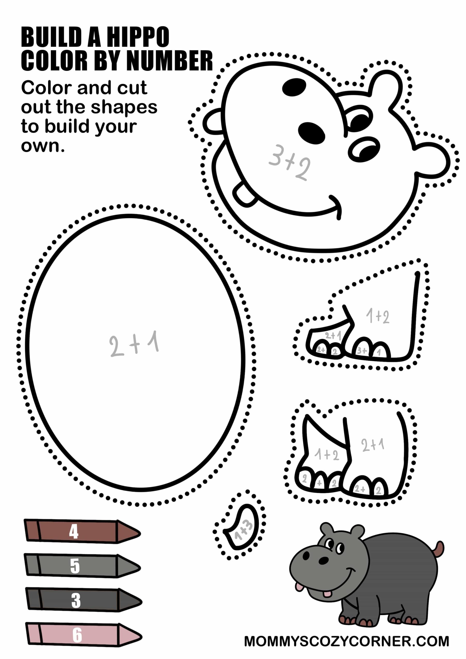 Free 2 In 1 Hippo Cut And Paste Activity With Color By Number