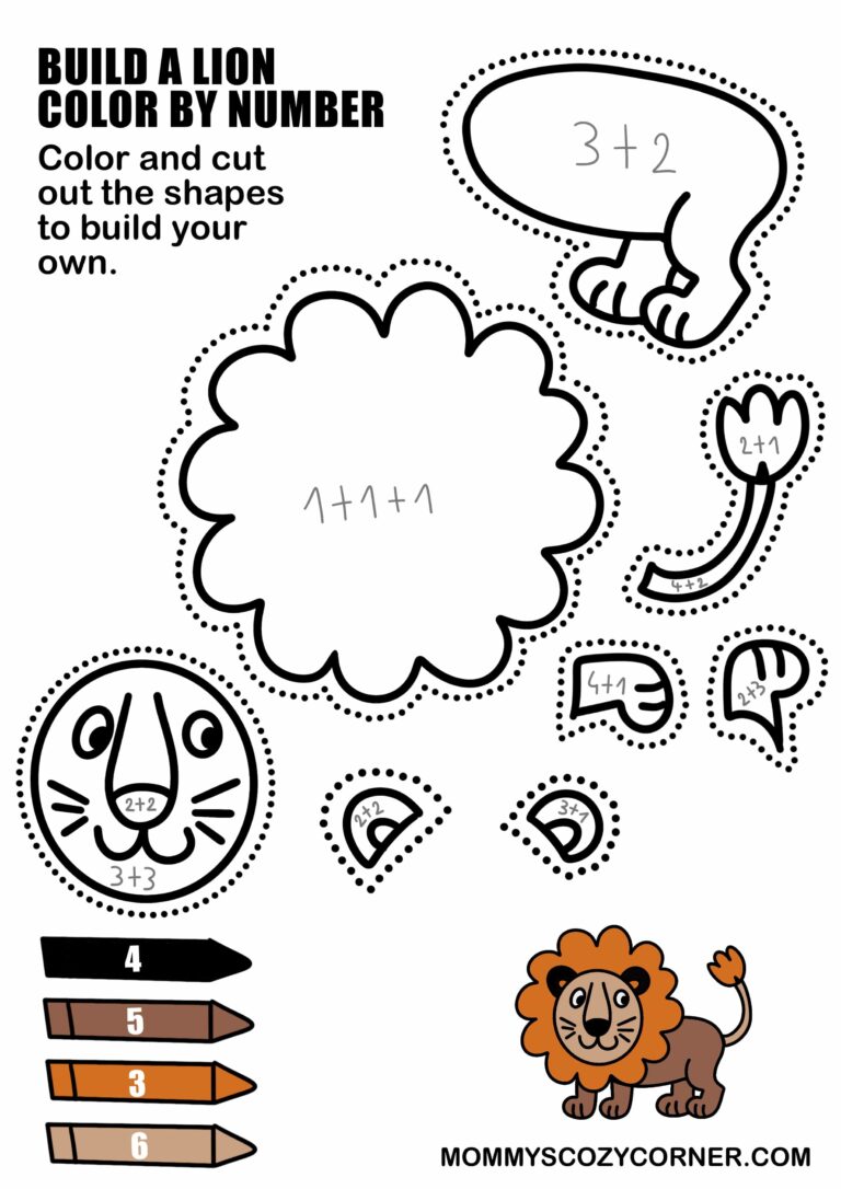 Free Lion Cut And Paste And Color By Number Activity for Kids