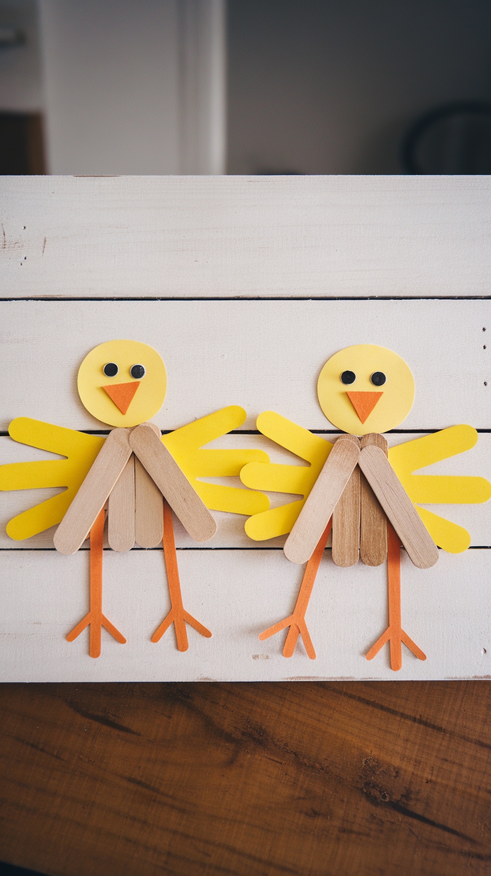 Two cute handprint chicks made from popsicle sticks and colorful paper.