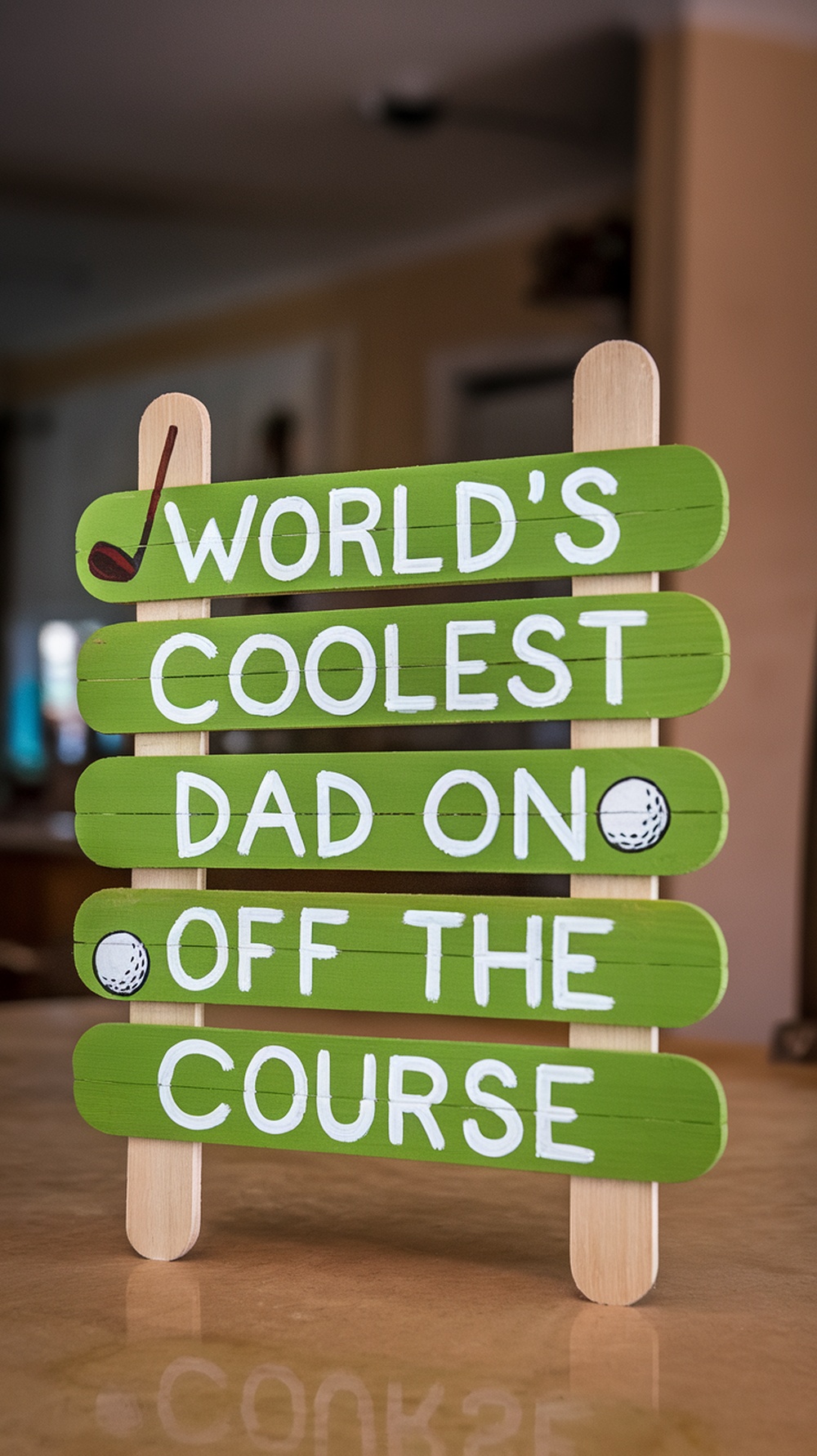 Popsicle stick golf sign that reads 'World's Coolest DAD ON AND OFF, OFF THE COURSE'