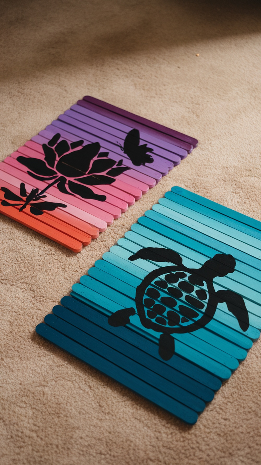 Colorful popsicle stick silhouette art featuring a turtle and flower design.