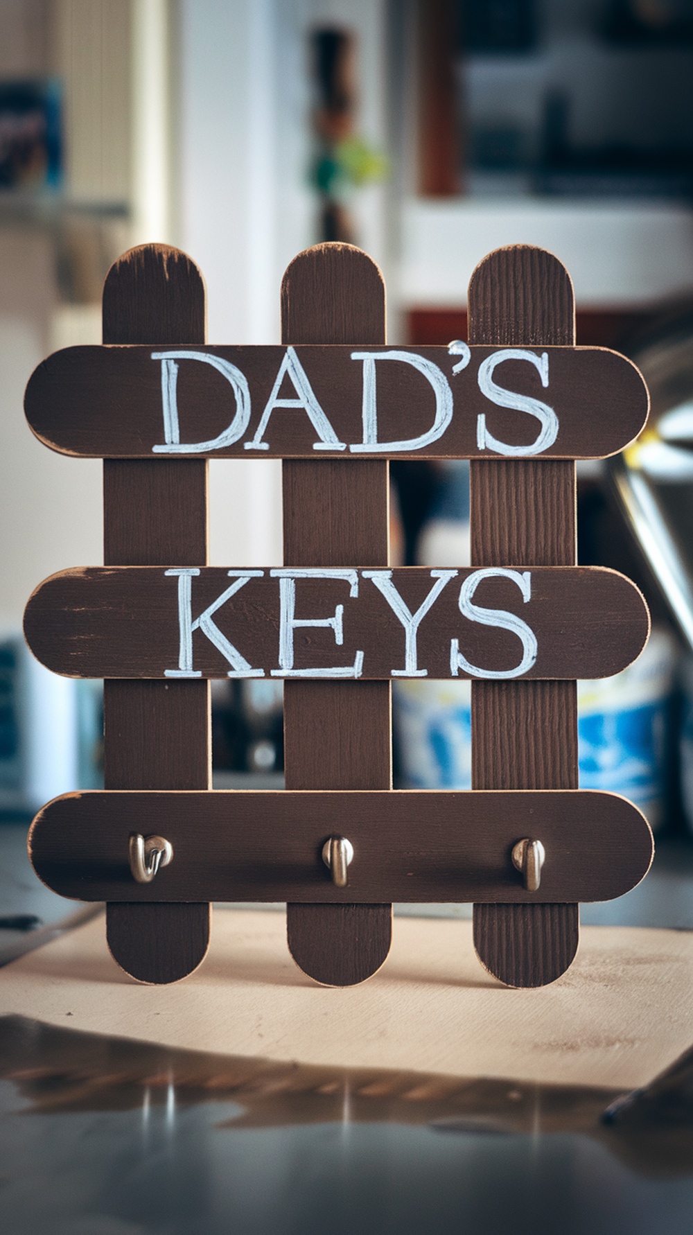A handmade key holder made of popsicle sticks with a sign that says 'Dad's Keys' and hooks for keys.