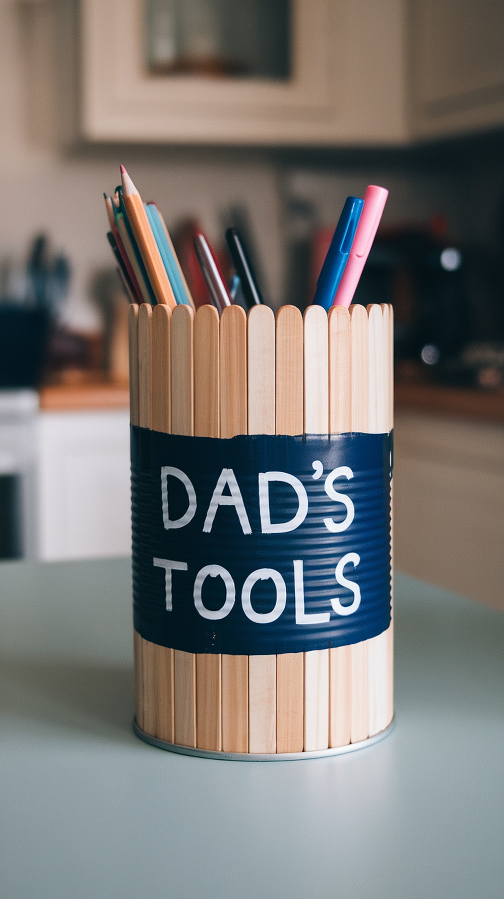 A can decorated with popsicle sticks filled with pens and labeled 'Dad Tan Tools'.
