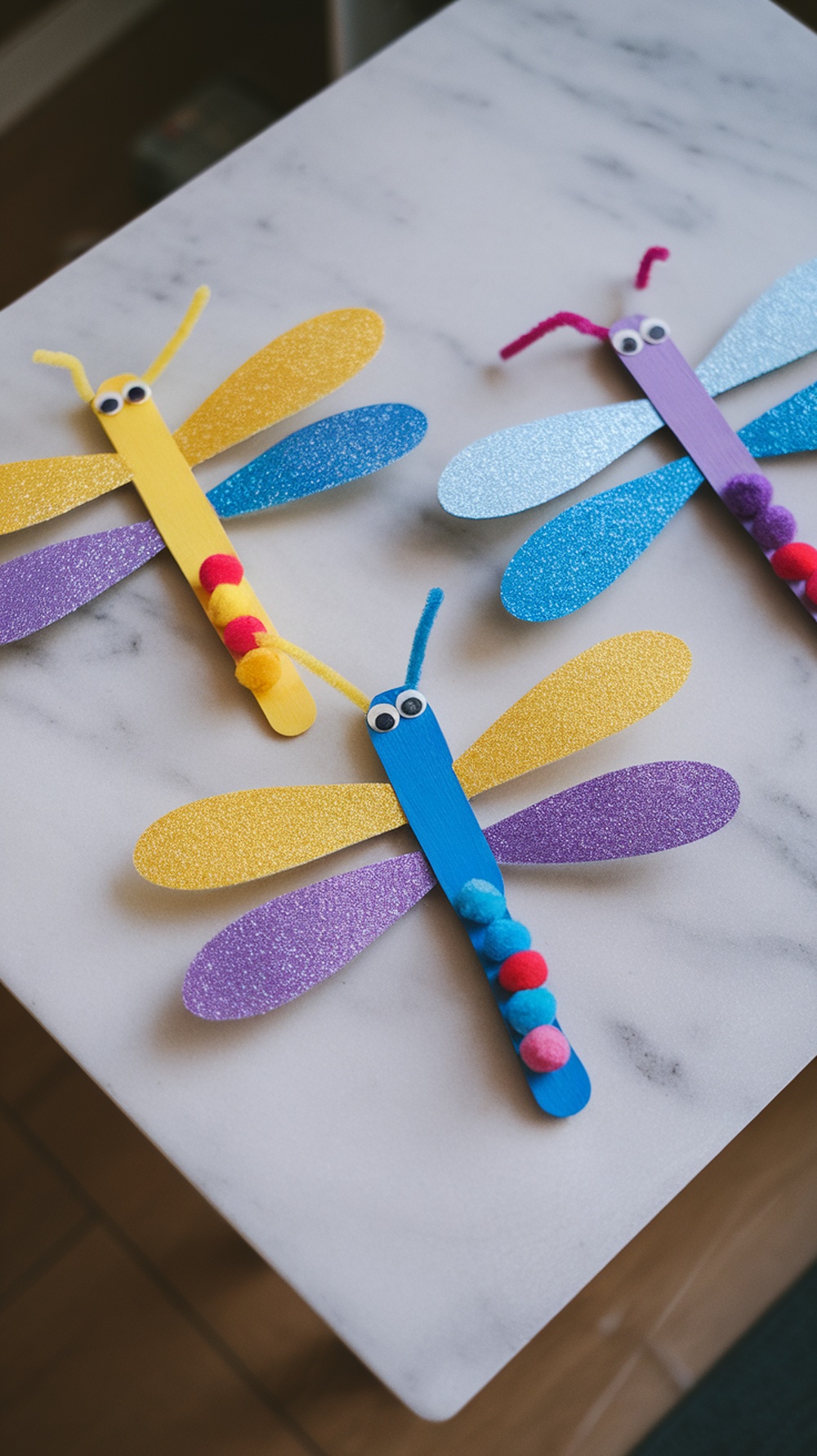 Colorful popsicle stick dragonflies with glittery wings and pom-poms.