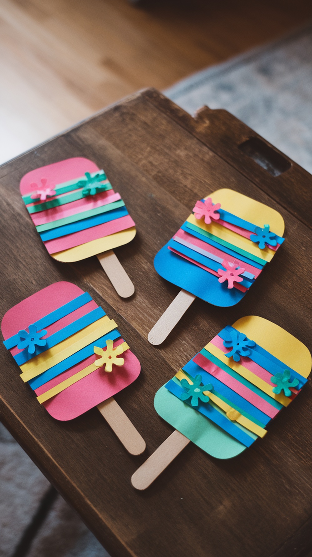 Colorful popsicle stick popsicle cards made from construction paper and popsicle sticks.