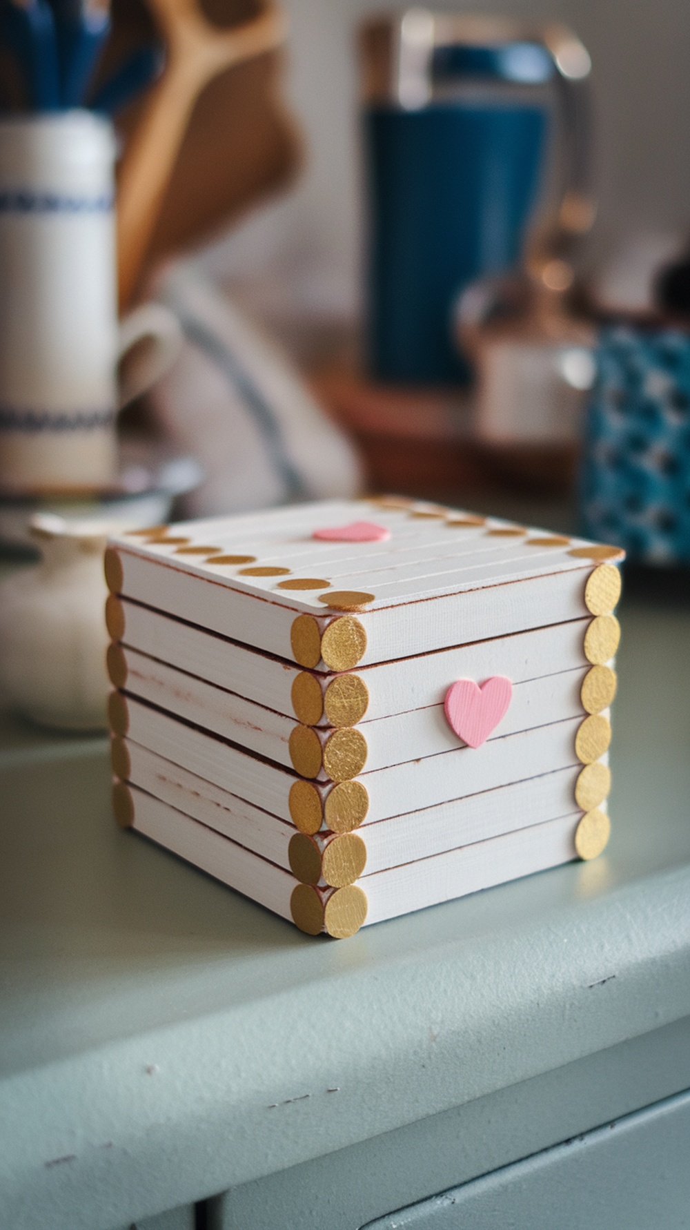 A handmade popsicle stick jewellery box decorated with a pink heart and gold accents, sitting on a table.