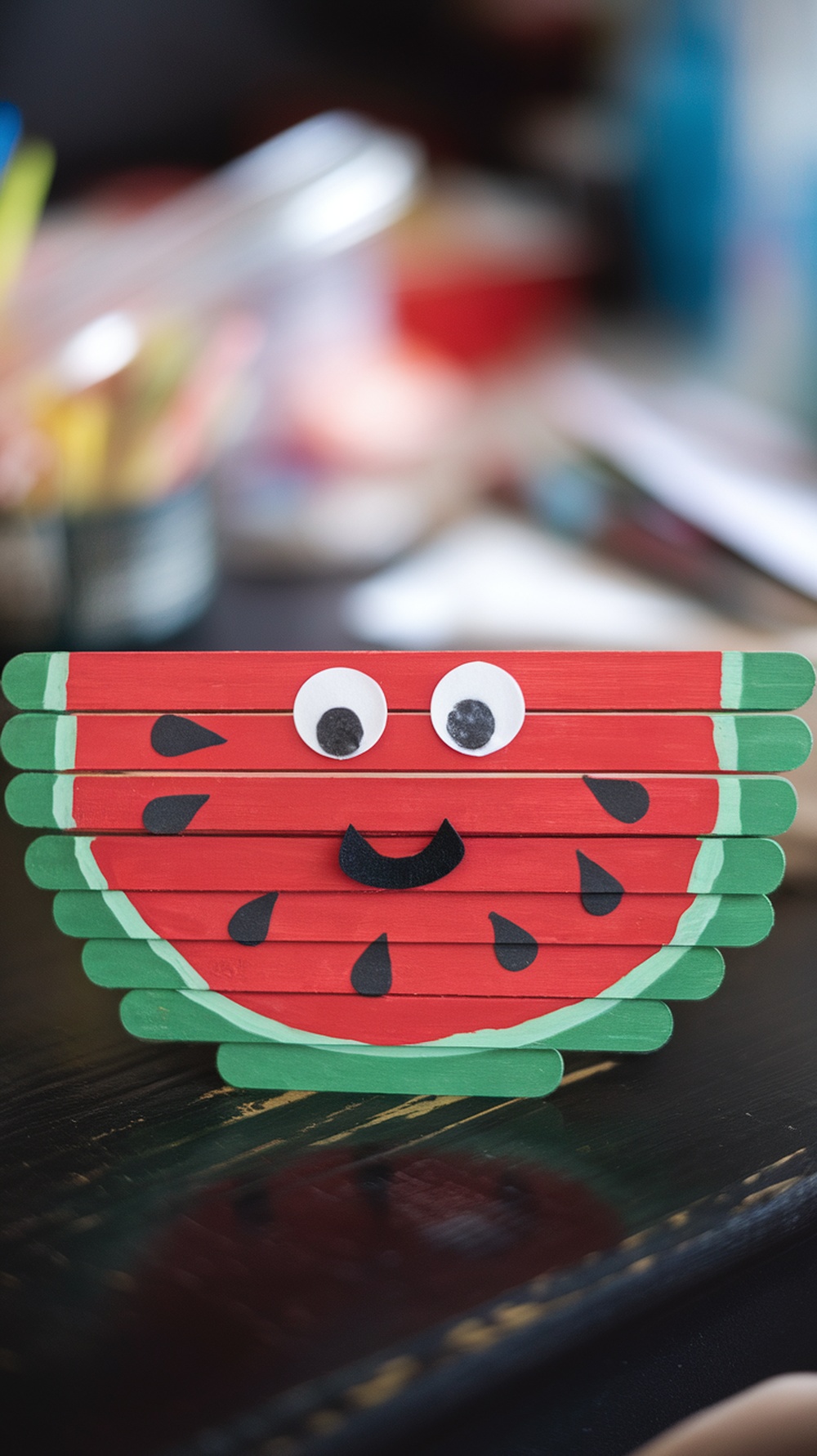 Colorful popsicle stick watermelon face craft with googly eyes and a smiling mouth.