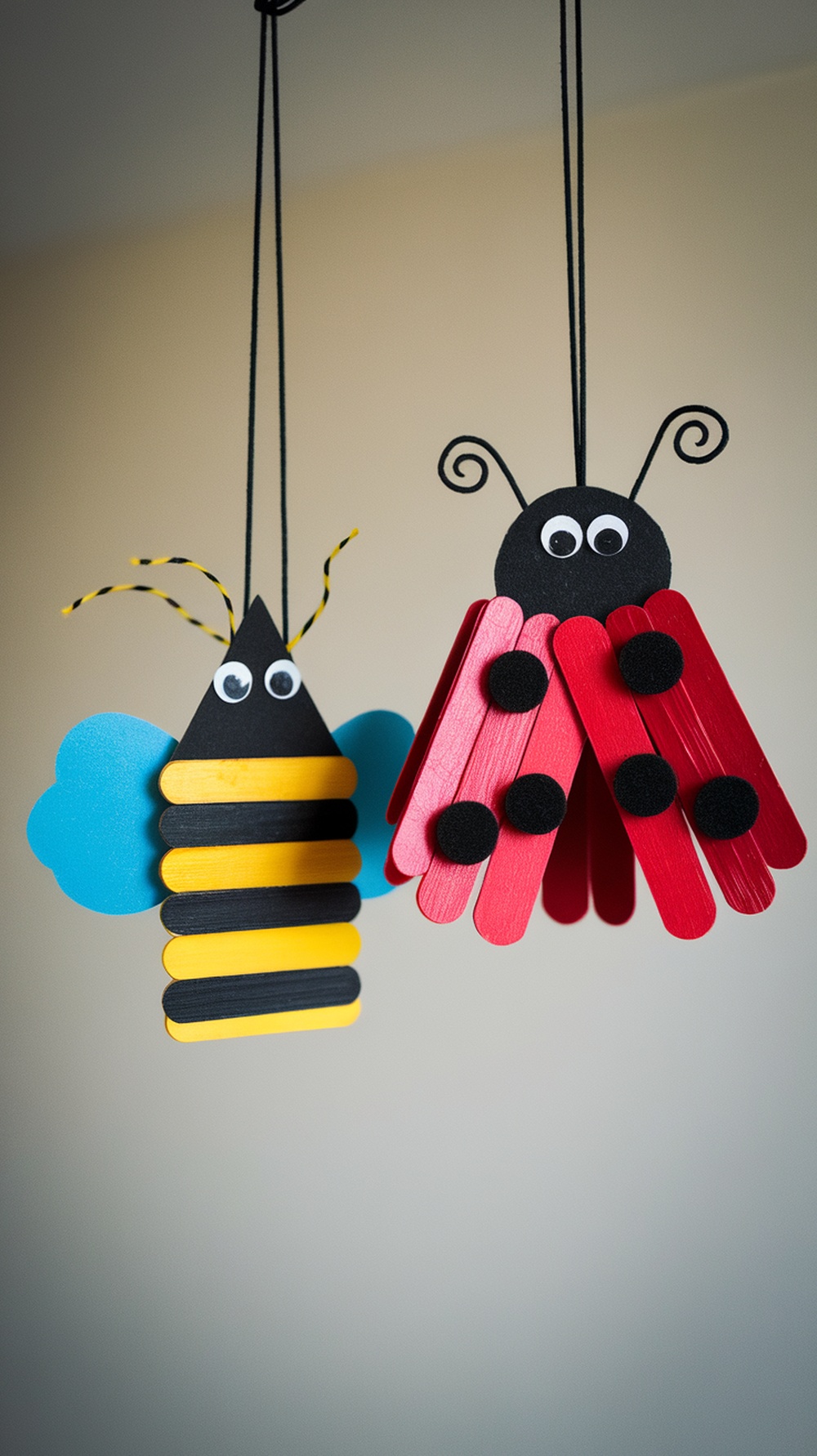 Popsicle stick bee and ladybug ornaments hanging together