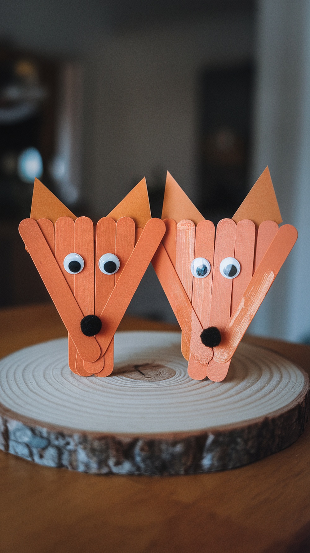 Two orange popsicle stick triangle fox crafts on a wooden slice