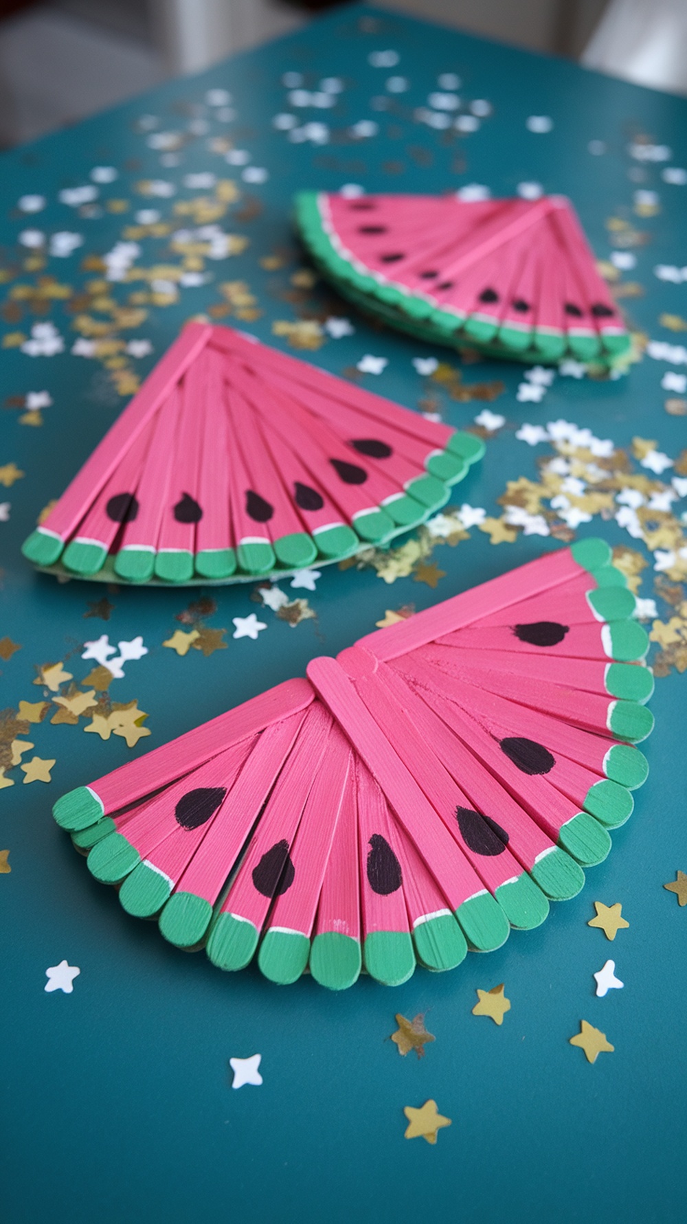 Colorful popsicle stick watermelon slices arranged on a table with confetti.