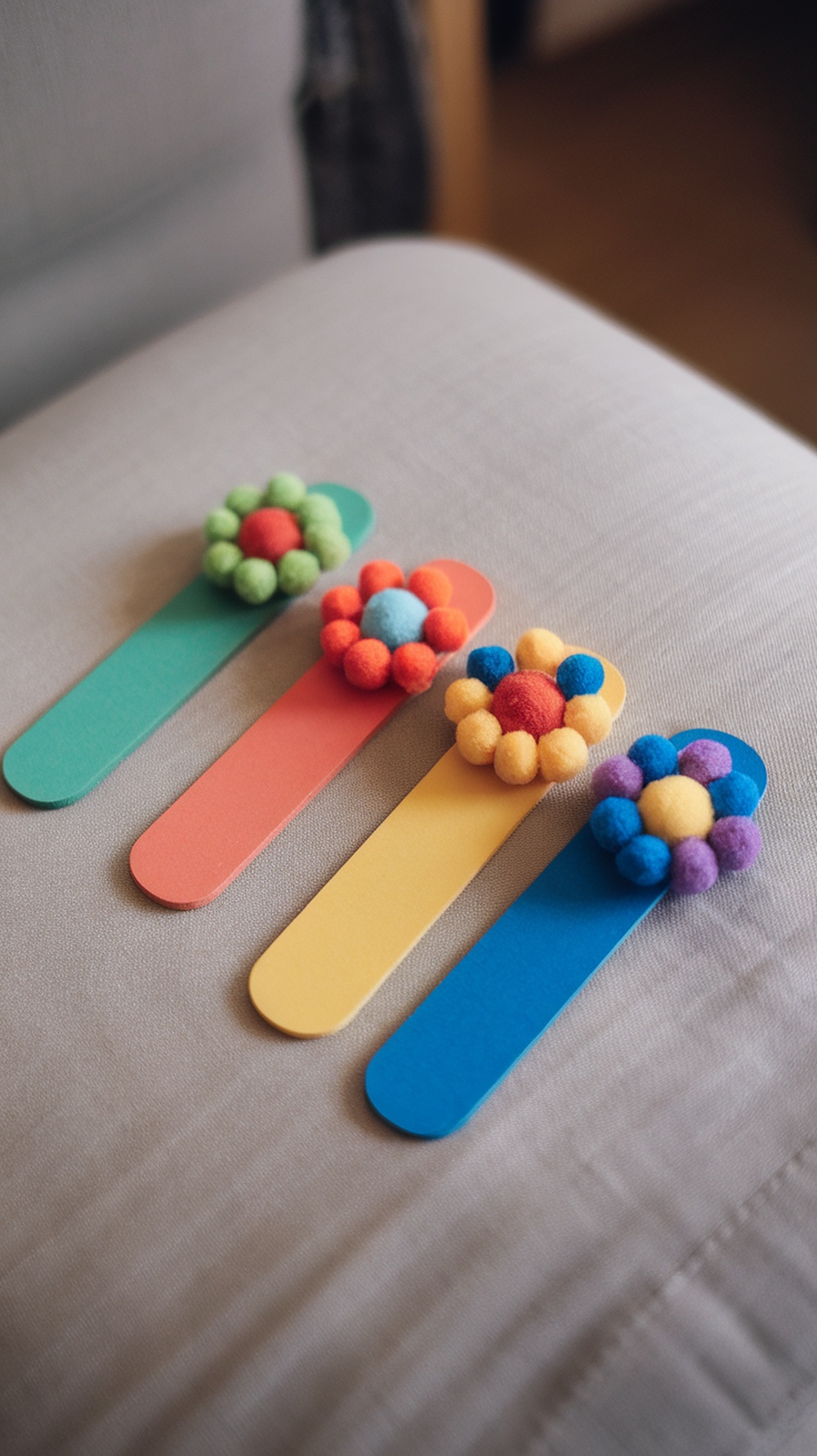 Colorful popsicle stick bookmarks decorated with pompom flowers on a couch