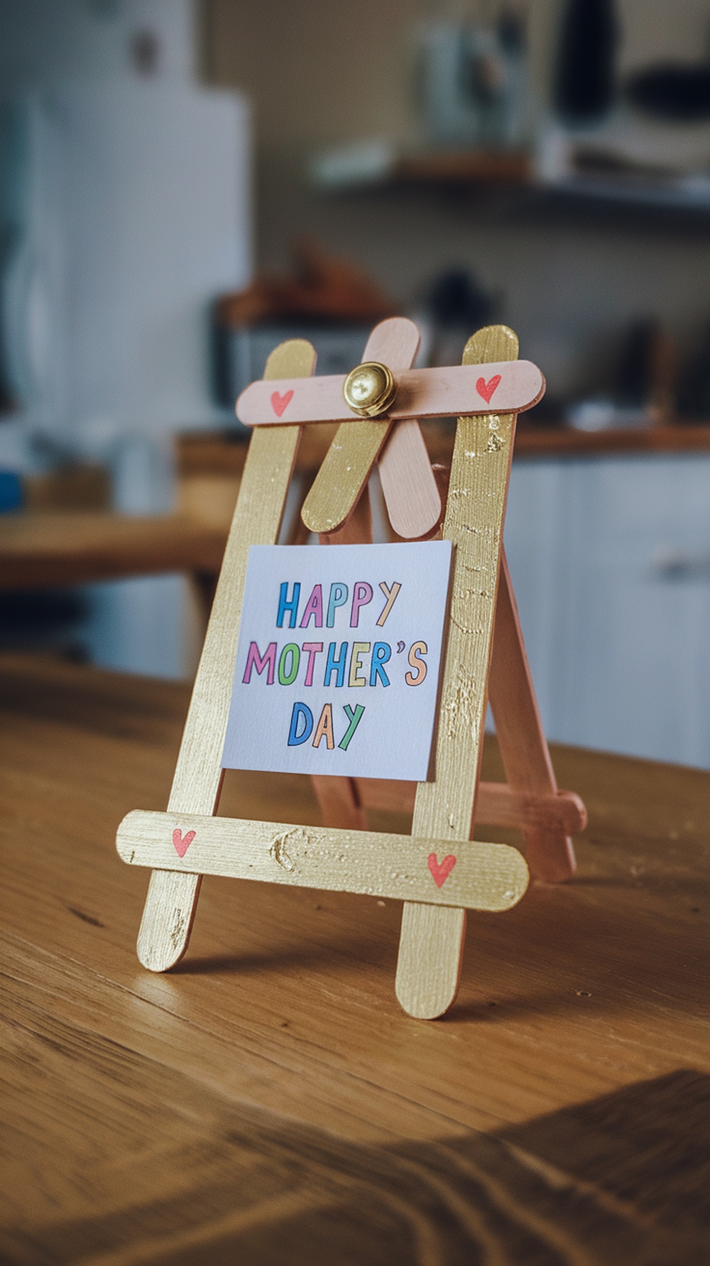 A decorated popsicle stick picture stand with a card saying 'Happy Mother's Day'.