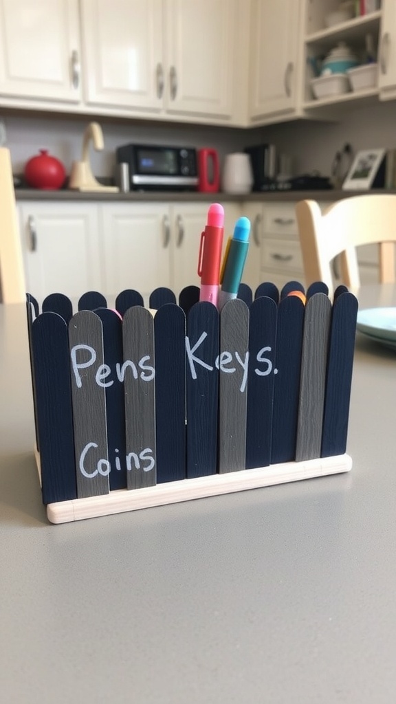 A colorful popsicle stick desk organizer labeled for pens, keys, and coins.