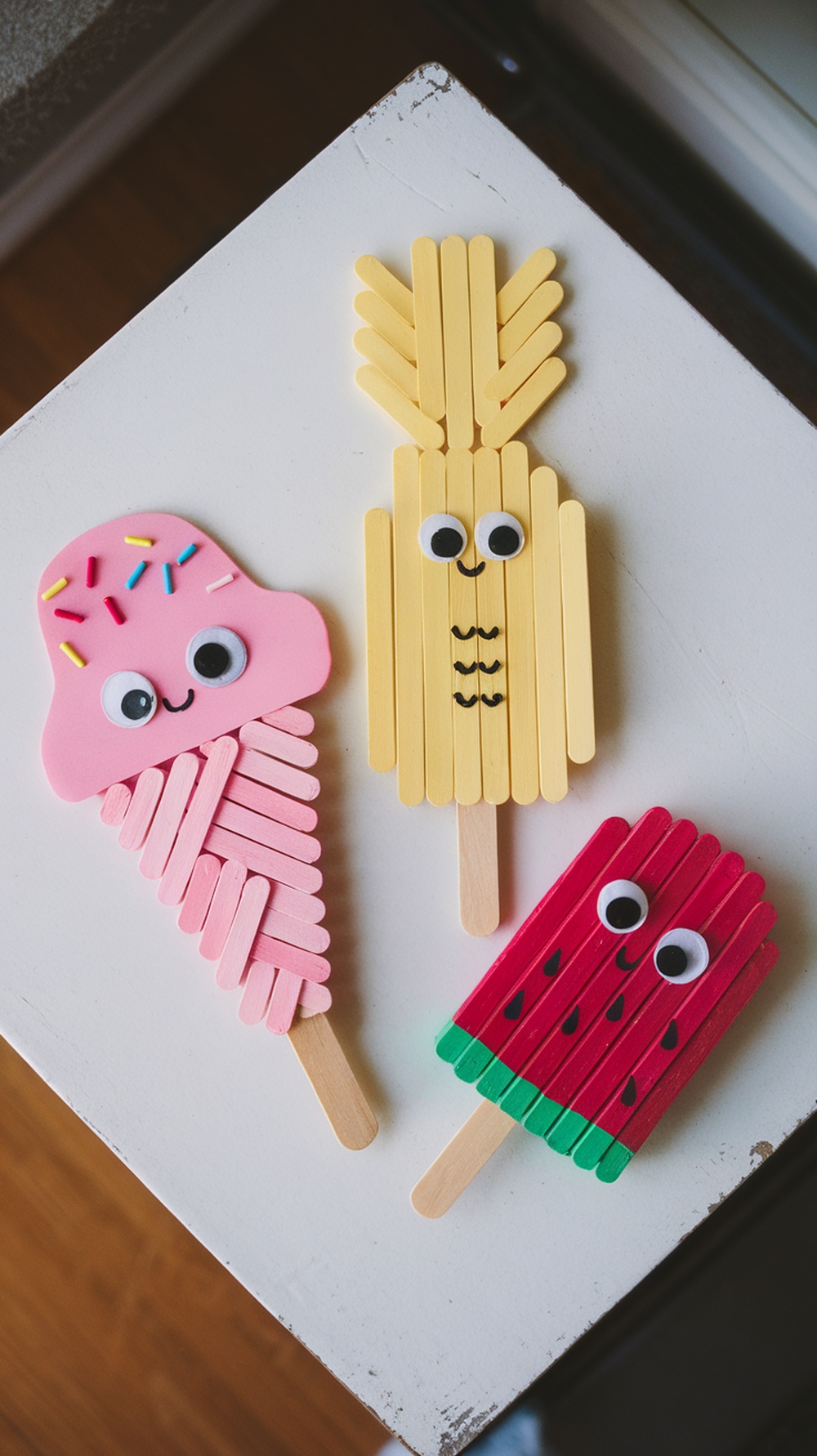 Colorful popsicle stick kawaii food characters including an ice cream cone, pineapple, and watermelon.
