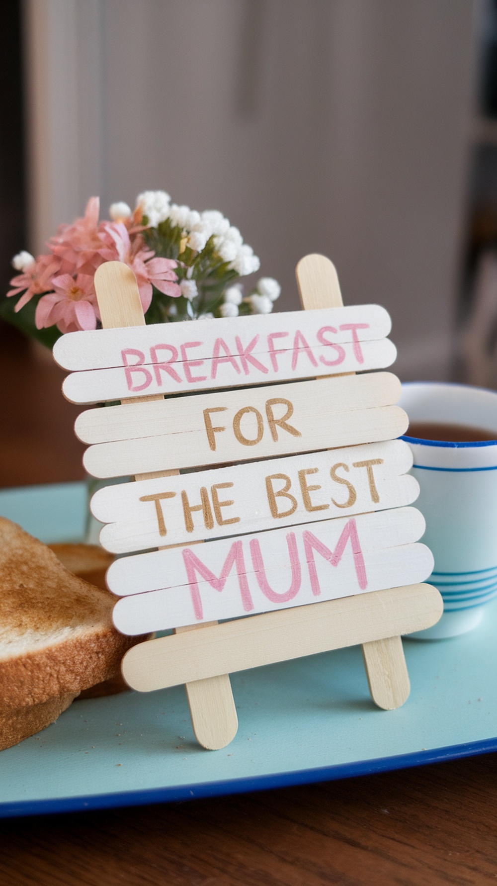A cute breakfast tray sign made from popsicle sticks with the words 'Breakfast for the Best Mum'.