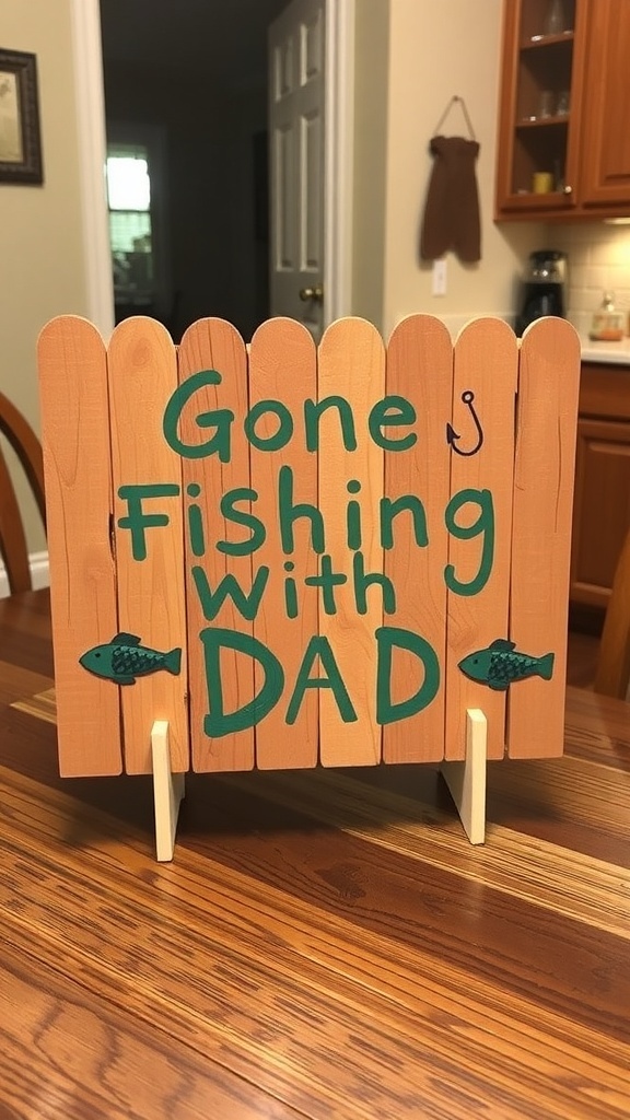 A cheerful popsicle stick sign that says 'Gone Fishing with DAD' with fish graphics.