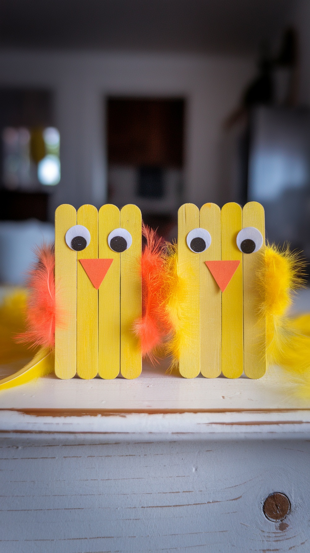 Two fluffy chicks made from popsicle sticks with googly eyes and colorful feathers.