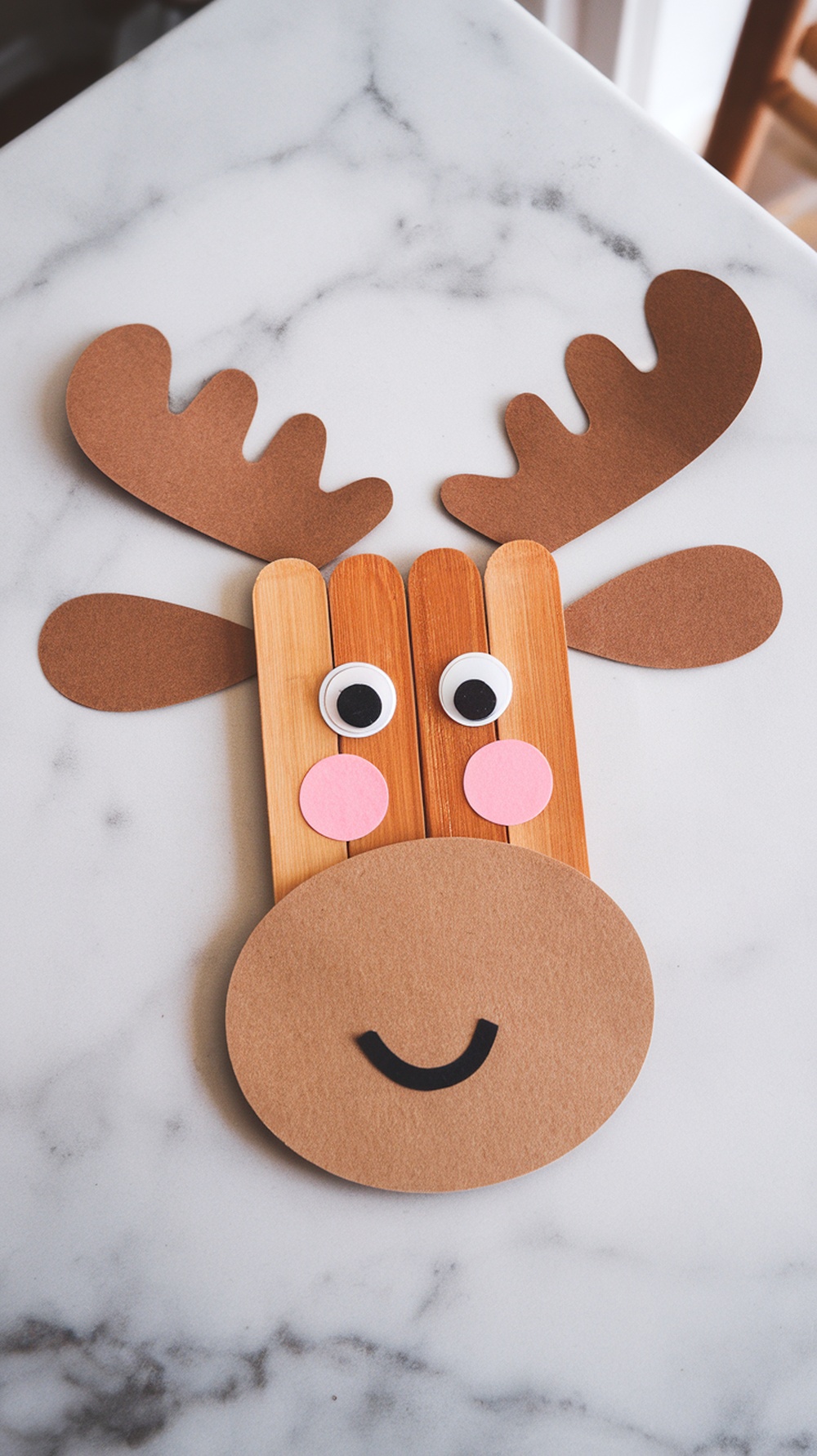 Crafted moose face made from popsicle sticks and paper