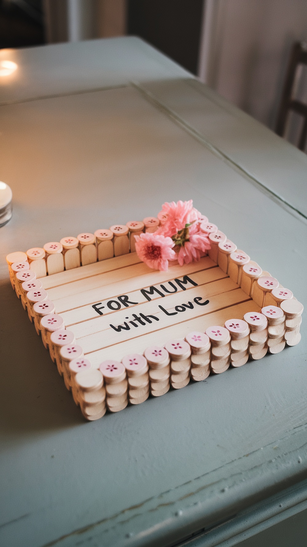 A handmade popsicle stick tray with 'FOR MUM with Love' written on it, adorned with flowers