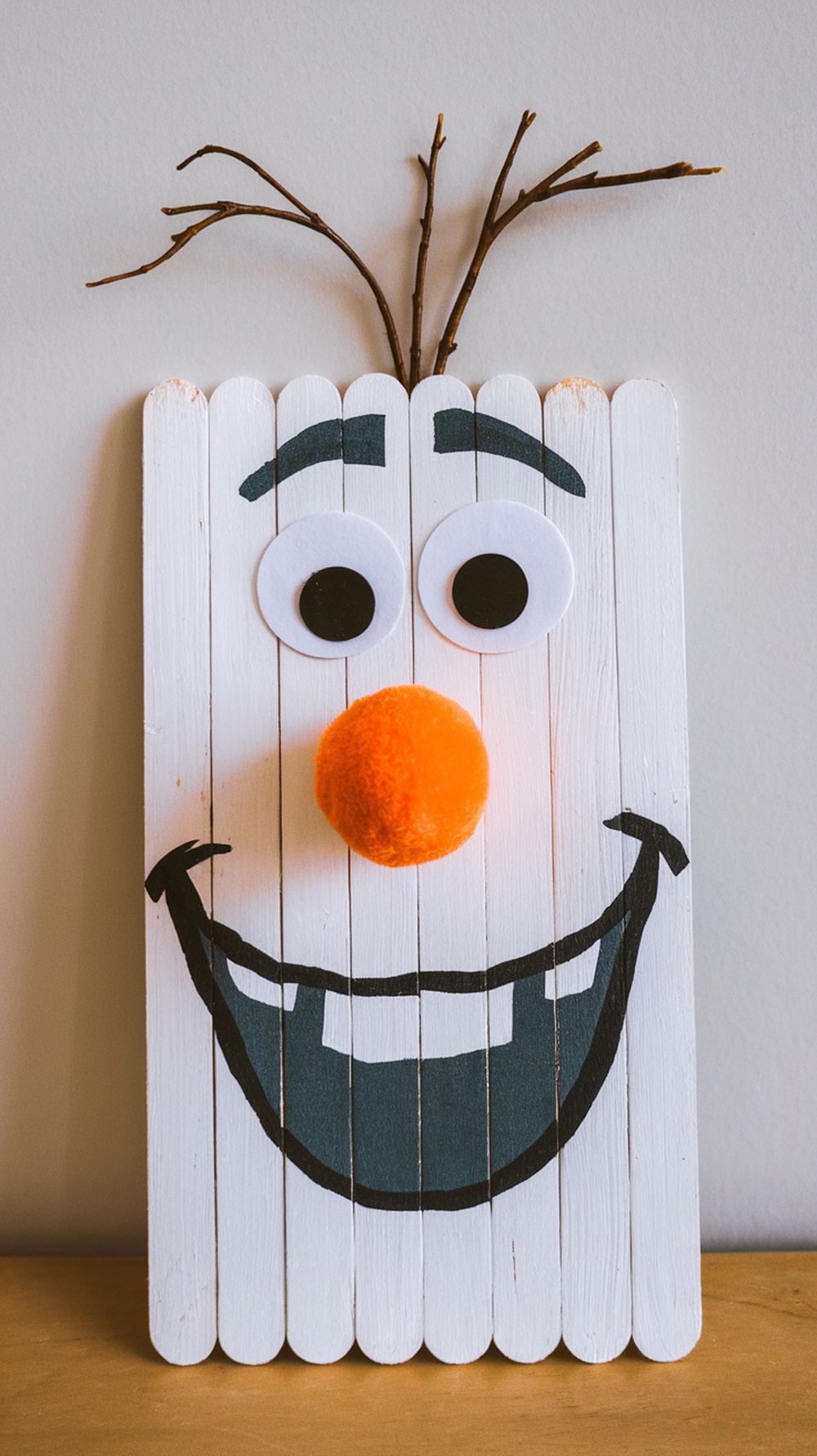 Popsicle stick snowman craft resembling Olaf from Frozen