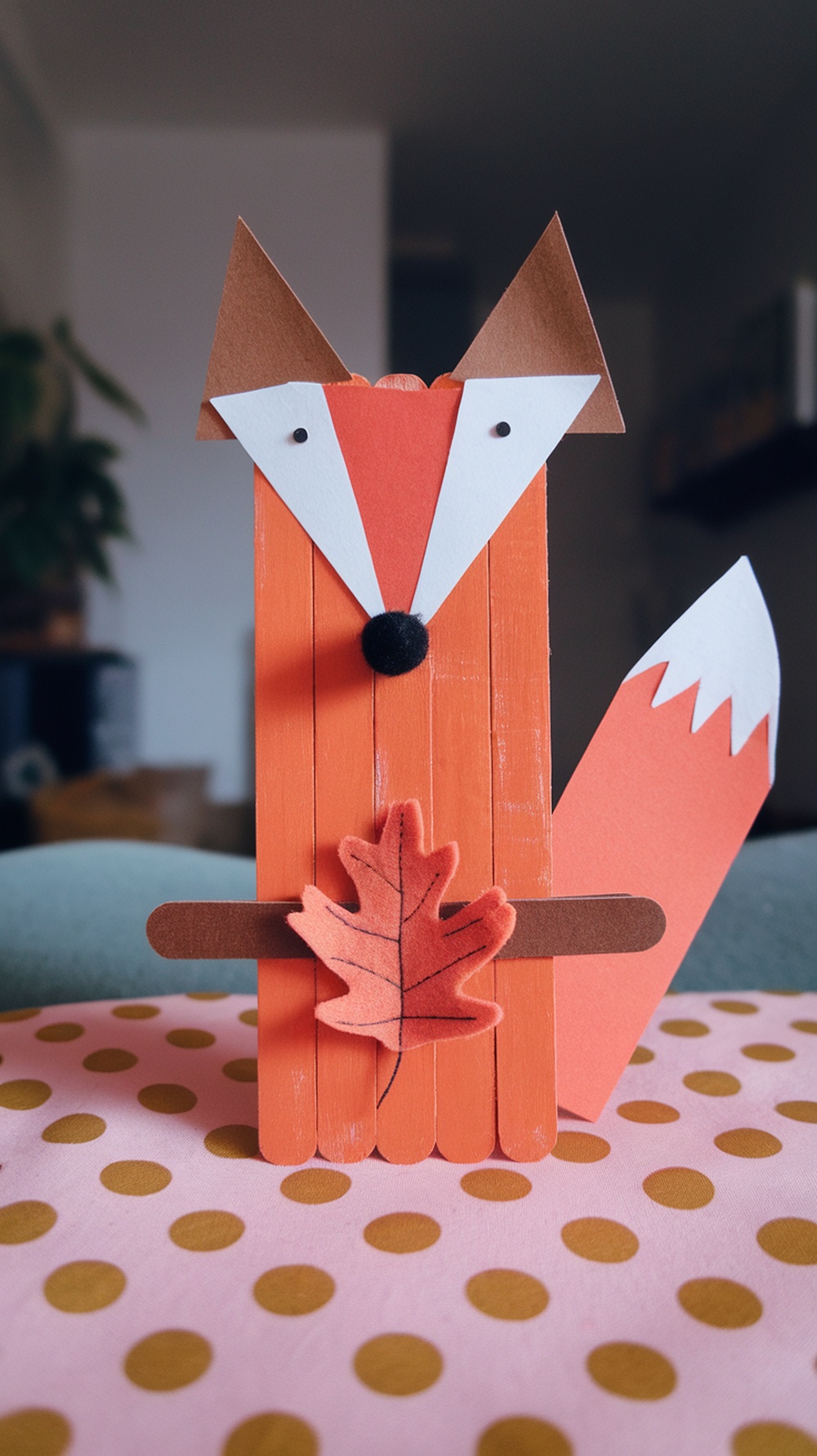 A colorful craft of a fox made from popsicle sticks, featuring a felt leaf.