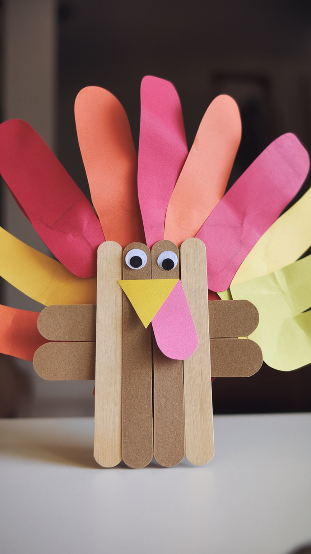 A colorful popsicle stick turkey craft made with handprint feathers and googly eyes.