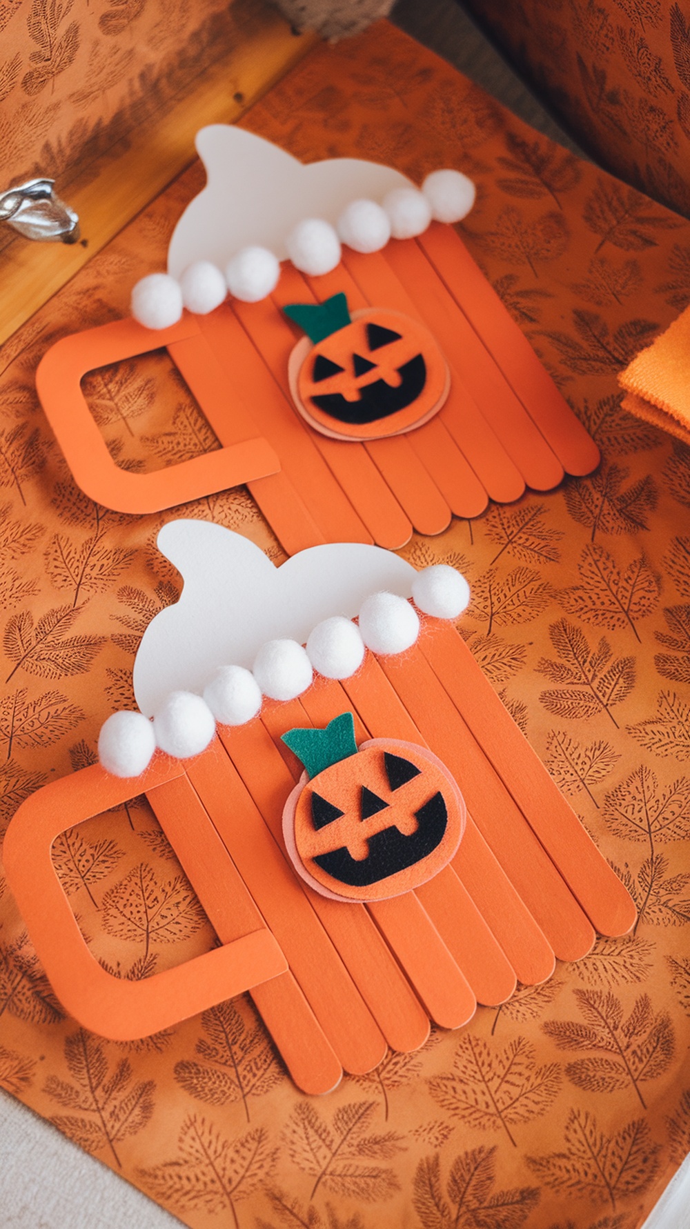 crafts showing popsicle stick pumpkin spice mugs decorated with cotton balls and felt pumpkins