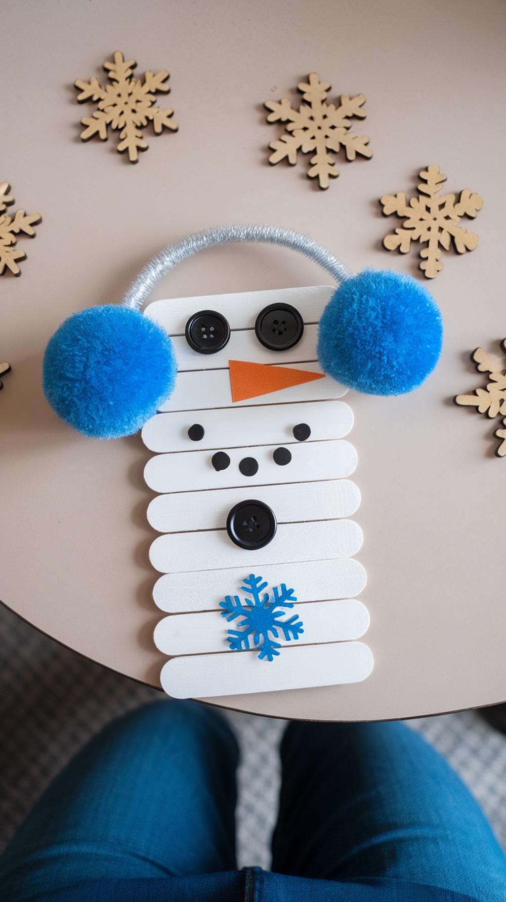 A crafted snowman made from popsicle sticks, featuring earmuffs and a carrot nose.