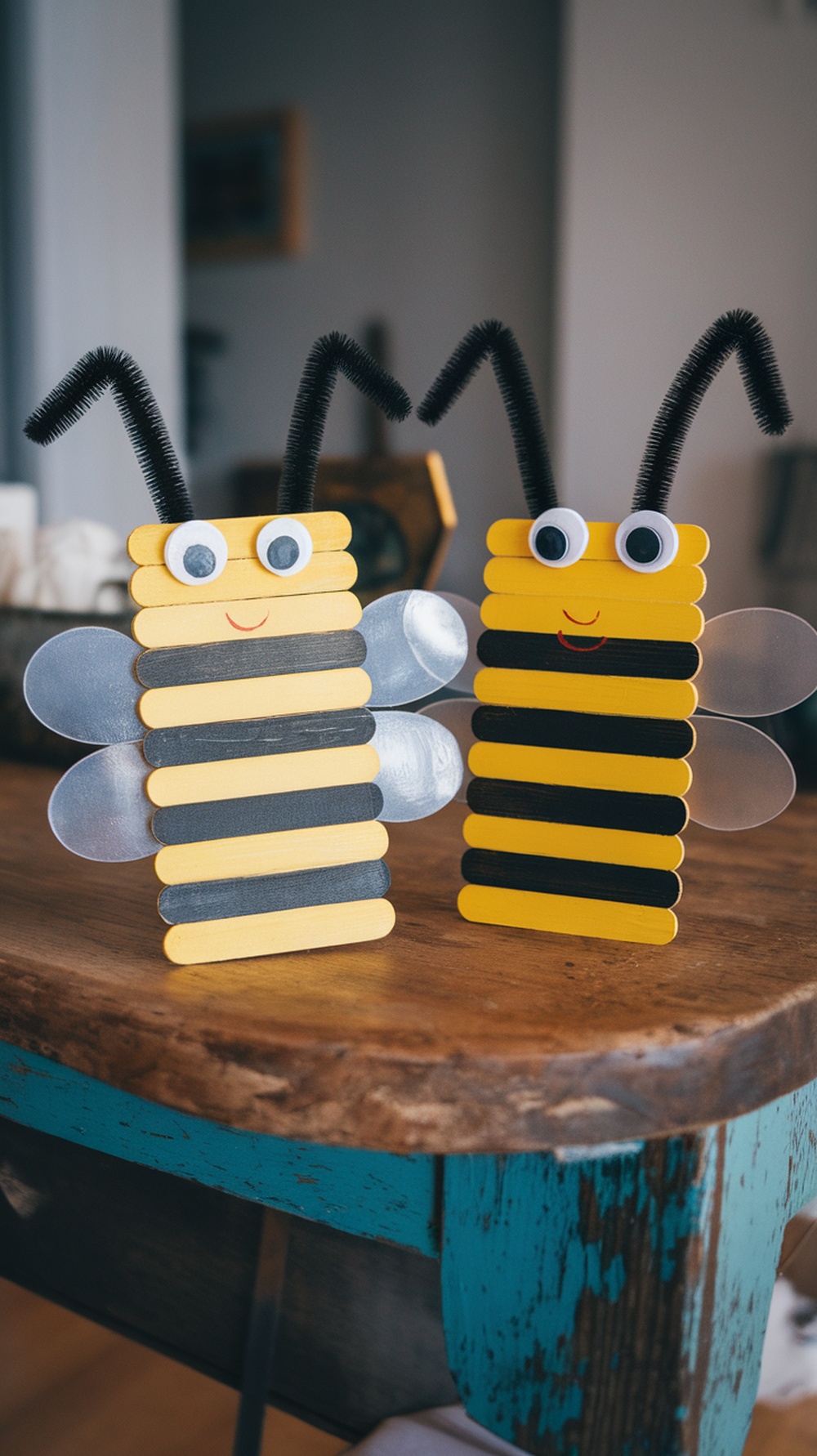 Two adorable bumblebee crafts made from popsicle sticks, featuring bright yellow and black stripes, googly eyes, and pipe cleaner antennas.