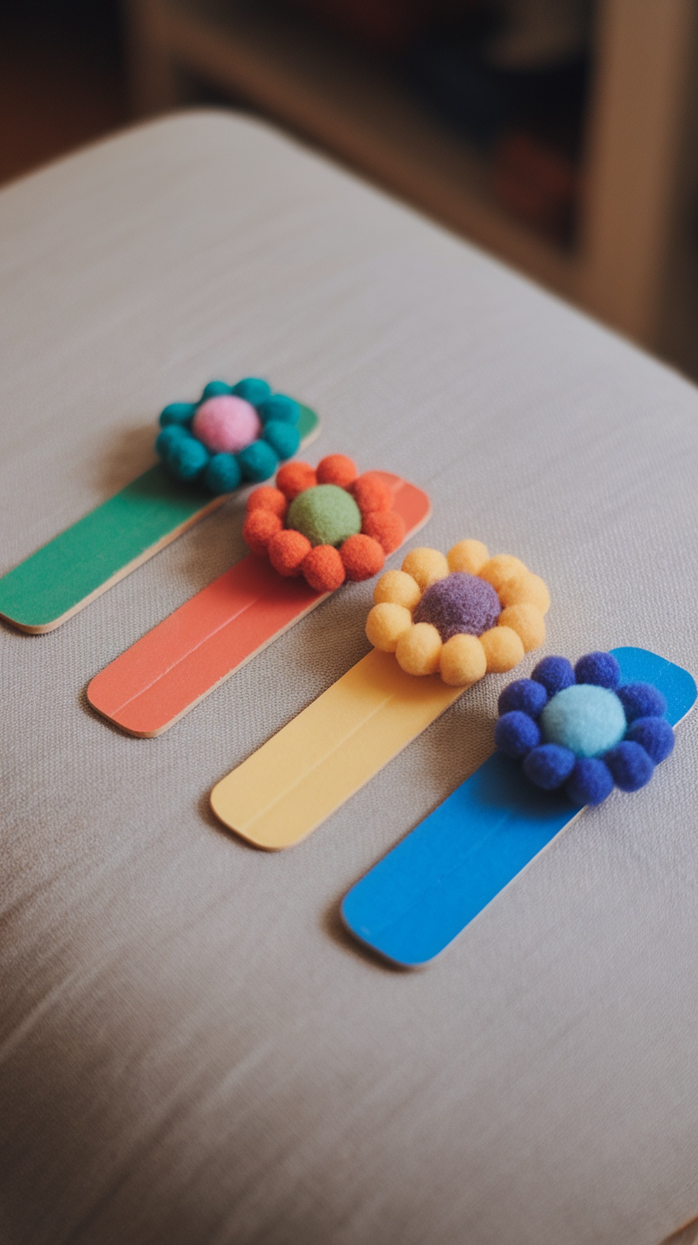 Colorful pompom flower bookmarks made from popsicle sticks.