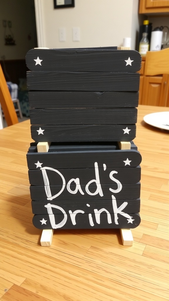 A handmade popsicle stick coaster set with the writing 'Dad's Drink' on it, designed for Father's Day.