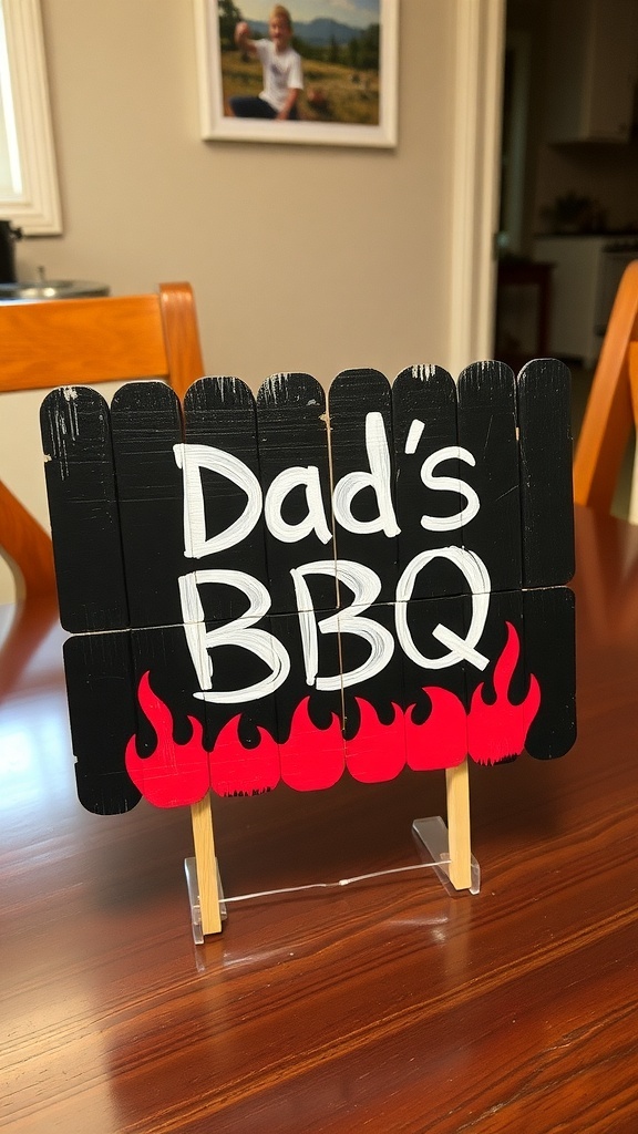 A handmade BBQ sign made from popsicle sticks, displaying 'Dad's BBQ' with flames at the bottom.