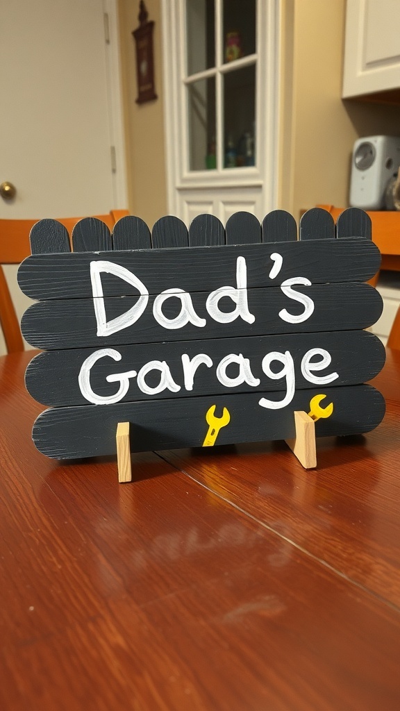 A handmade sign that says 'Dad's Garage', made from popsicle sticks and painted black with white lettering.