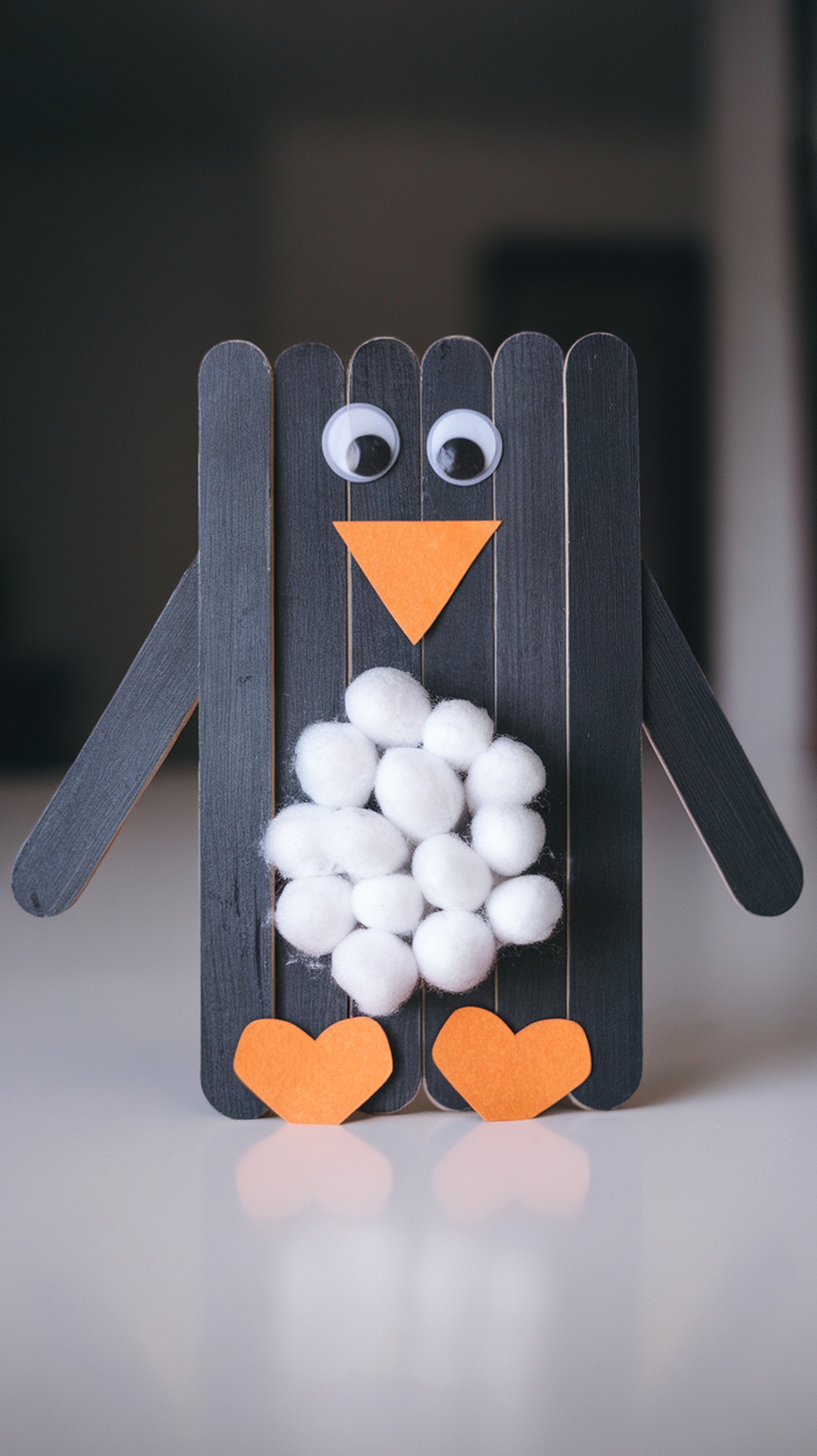 A cute penguin made from popsicle sticks, cotton balls, and craft paper