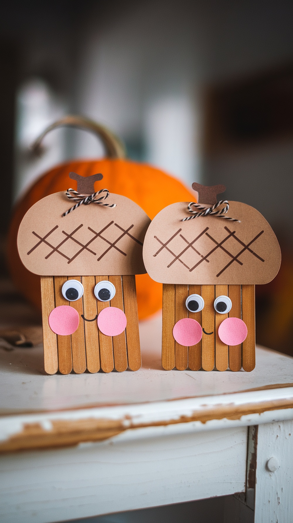 Two popsicle stick acorn characters with googly eyes and pink cheeks on a table