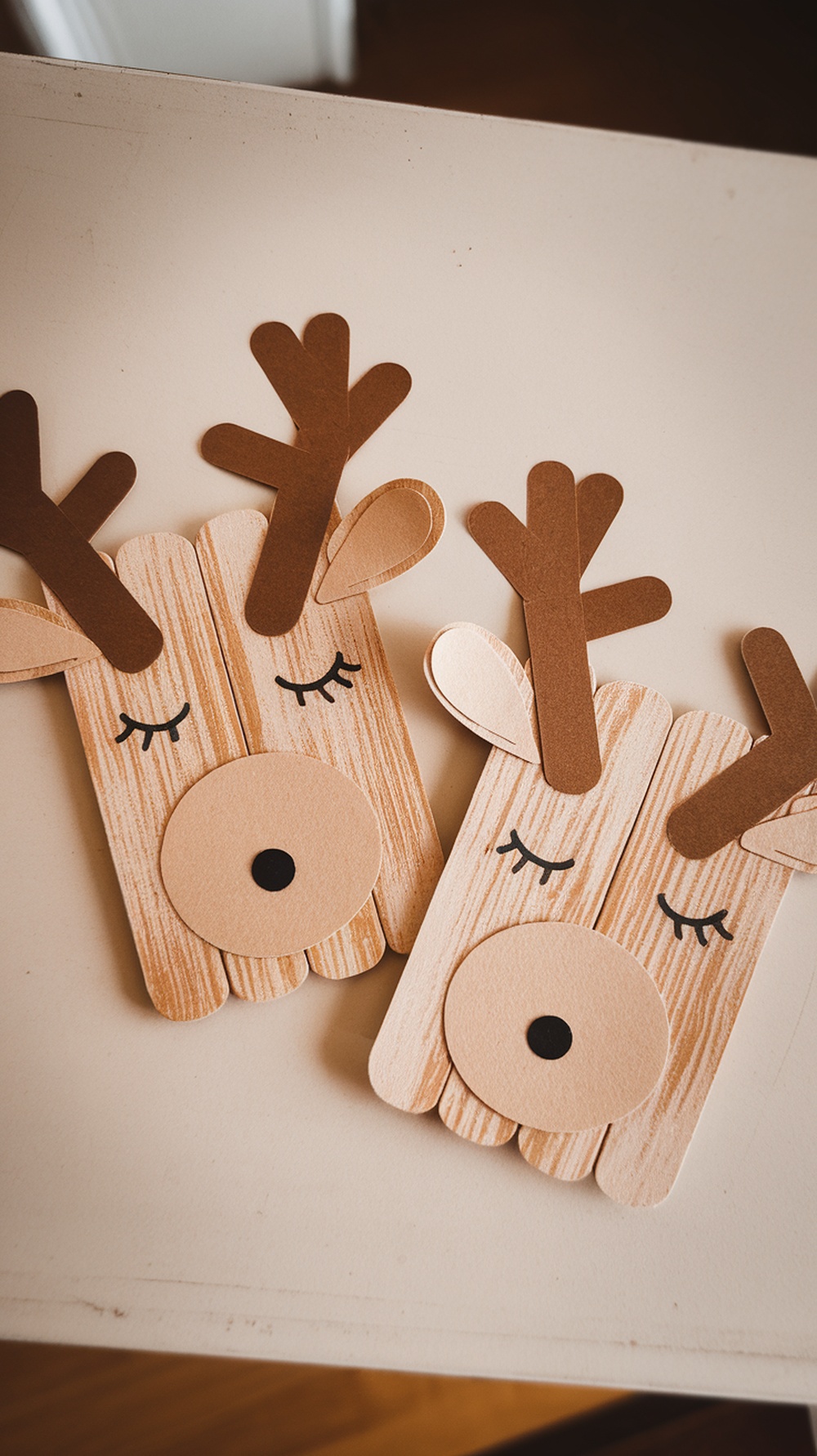 Two reindeer faces made from popsicle sticks, featuring brown construction paper antlers and cute expressions.