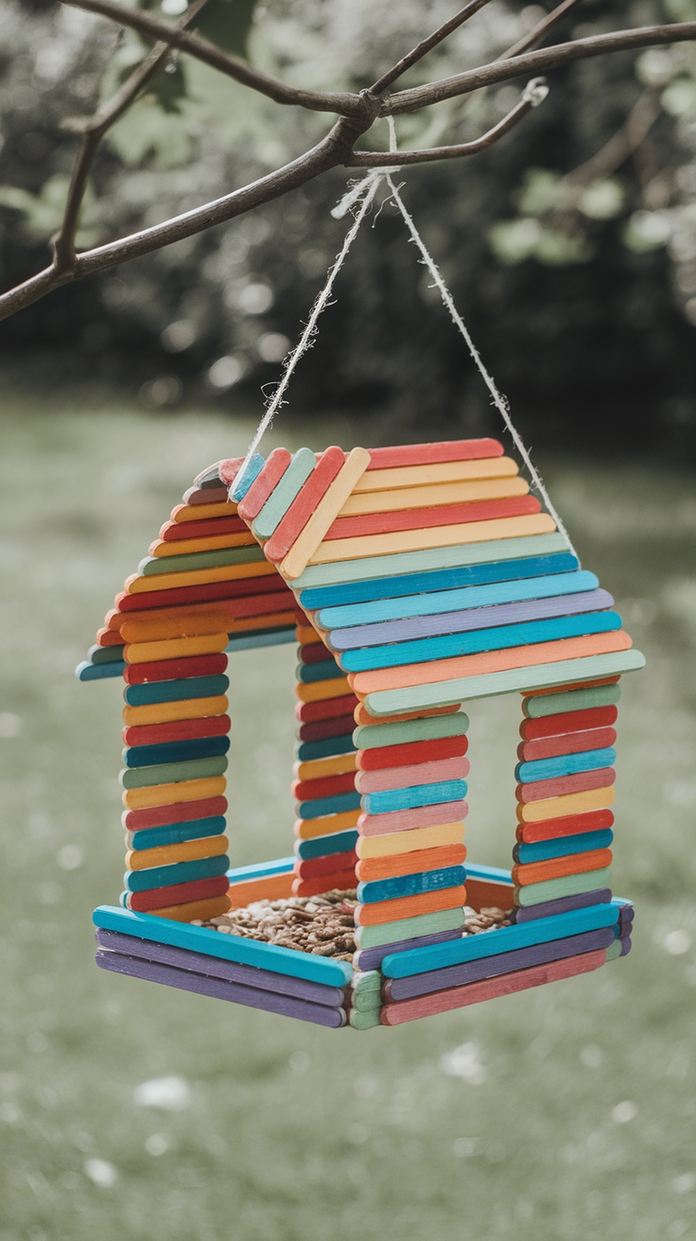 A colorful popsicle stick bird feeder house hanging from a tree branch.