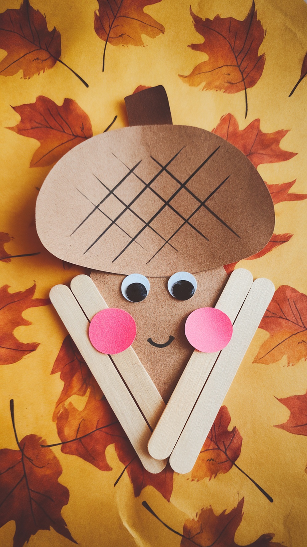 A cute Acorn Face made from popsicle sticks and craft materials.